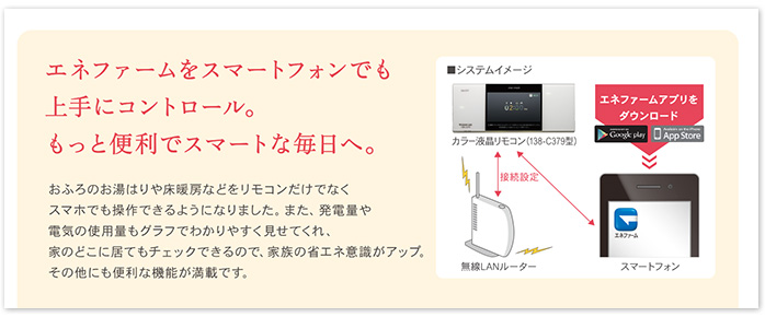 エネファームをスマートフォンでも上手にコントロール。もっと便利でスマートな毎日へ。