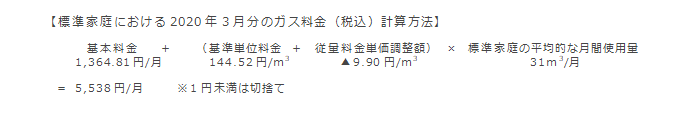 【標準家庭における2020年3月分のガス料金（税込）計算方法】