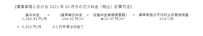 【標準家庭における2021年10月分のガス料金（税込）計算方法】