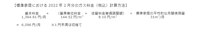 【標準家庭における2021年2月分のガス料金（税込）計算方法】