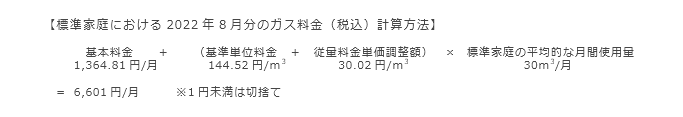 【標準家庭における2022年8月分のガス料金（税込）計算方法】