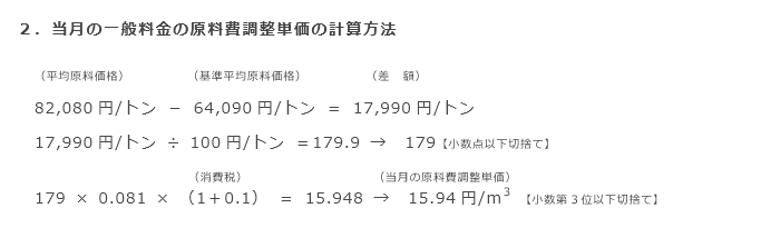 2．当月の一般料金の原料費調整単価の計算方法