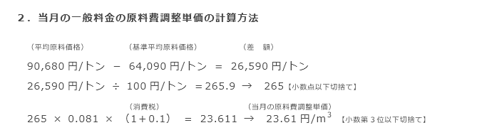 2．当月の一般料金の原料費調整単価の計算方法