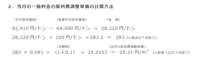 2．当月の一般料金の原料費調整単価の計算方法