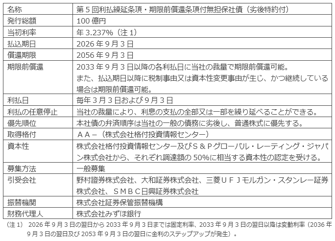 第5回利払繰延条項・期限前償還条項付無担保社債(劣後特約付) 第5回利払繰延条項・期限前償還条項付無担保社債(劣後特約付)