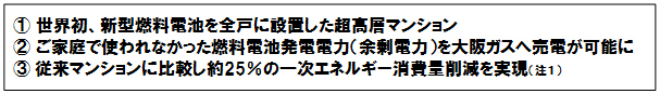 (1)世界初、新型燃料電池を全戸に設置した超高層マンション　(2)ご家庭で使われなかった燃料電池発電電力（余剰電力）を大阪ガスへ売電が可能に　(3)従来マンションに比較し約25％の一次エネルギー消費量削減を実現（注1）