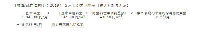 【標準家庭における2019年5月分のガス料金（税込）計算方法】