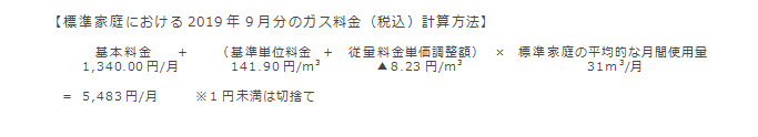 【標準家庭における2019年9月分のガス料金（税込）計算方法】