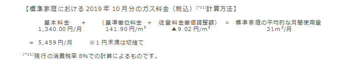 【標準家庭における2019年10月分のガス料金（税込）計算方法】