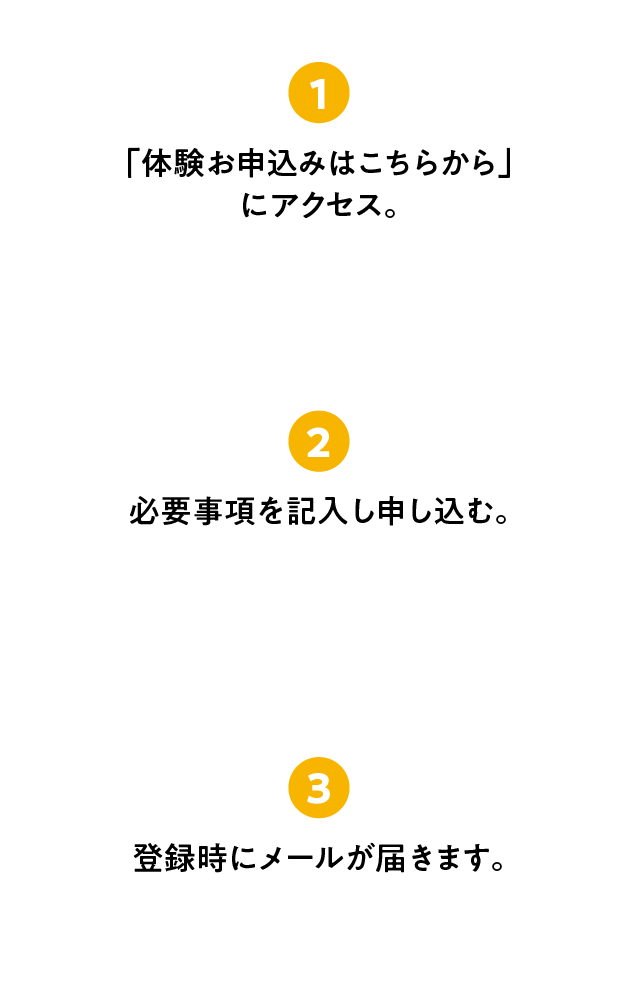 ① 「体験お申込みはこちらから」にアクセス。 ② 必要事項を記入し申込む。 ③ 登録時にメールが届きます。
