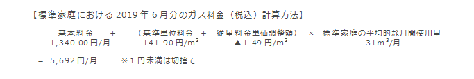 【標準家庭における2019年6月分のガス料金（税込）計算方法】