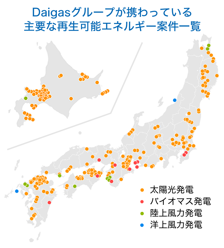 Daigasグループが携わっている主要な再生可能エネルギー案件一覧