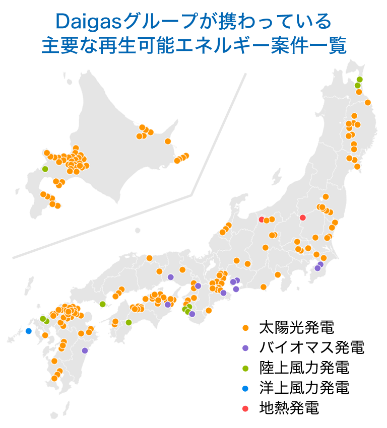 Daigasグループが携わっている主要な再生可能エネルギー案件一覧 
