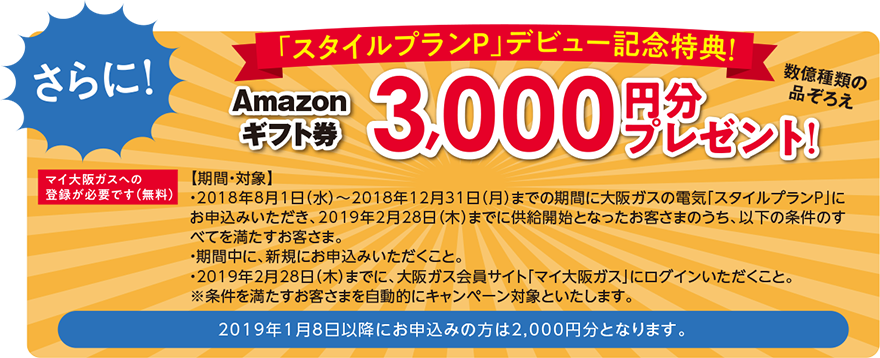 さらに!スタイルプランPデビュー記念特典Amazonギフト券3,000円分プレゼント!数億種類の品ぞろえマイ大阪ガスへの登録が必要です(無料)【期間・対象】・2018年8月1日(水)~2018年12月31日(月)までの期間に大阪ガスの電気「スタイルプランP」にお申込みいただき、2019年2月28日(木)までに供給開始となったお客さまのうち、以下の条件のすべてを満たすお客さま。・期間中に、新規にお申込みいただくこと。・2019年2月28日(木)までに、大阪ガス会員サイト「マイ大阪ガス」にログインいただくこと。※条件を満たすお客さまを自動的にキャンペーン対象といたします。