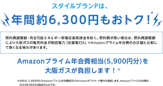 スタイルプランPは、年間約6,300円もおトク！ 燃料費調整額・再生可能エネルギー発電促進賦課金を除く。燃料費が高い場合は、燃料費調整額により大阪ガスの電気料金が関西電力「従量電灯A」＋Amazonプライム年会費の合計額と比較して高くなる場合があります。 Amazonプライム年会費相当（5,900円分）を大阪ガスが負担します！※ ※当社は、5,900円分（Amazonプライム年会費相当）のAmazonギフトカード番号を通知します。Amazonプライム年会費は2024年2月29日時点のものです。