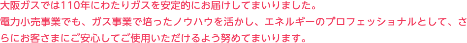 大阪ガスでは110年にわたりガスを安定的にお届けしてまいりました。電力小売事業でも、ガス事業で培ったノウハウを活かし、エネルギーのプロフェッショナルとして、さらにお客さまにご安心してご使用いただけるよう努めてまいります。
