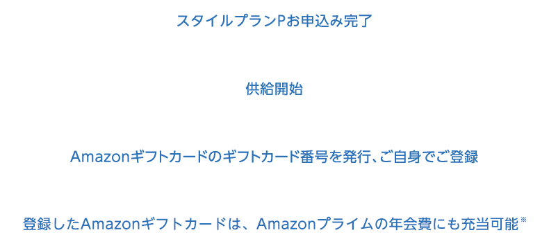 スタイルプランPお申込み完了 供給開始 Amazonギフトカードのギフトカード番号を発行、ご自身でご登録 登録したAmazonギフトカードは、Amazonプライムの年会費にも充当可能※