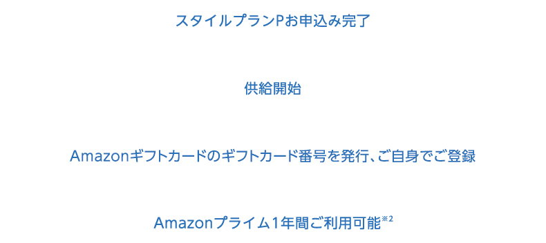 スタイルプランPお申込み完了 供給開始 Amazonギフトカードのギフトカード番号を発行、ご自身でご登録 Amazonプライム1年間ご利用可能※2