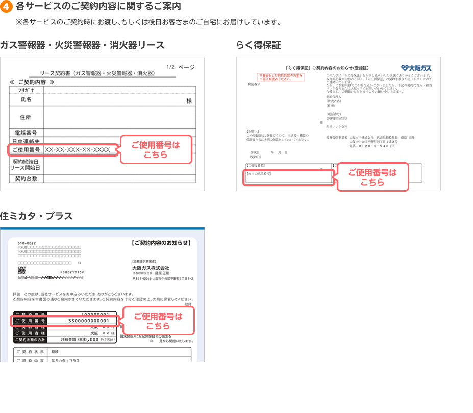 4各サービスのご契約内容に関するご案内 ※各サービスのご契約時にお渡し、もしくは後日お客様のご自宅にお届けしています。 ガス警報器・火災警報器・消火器リース らく得保証 住ミカタ・プラス